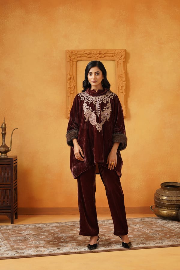 Burnt Rust Velvet Embroidered Co-ord Set — NEETIKA CHOPRA