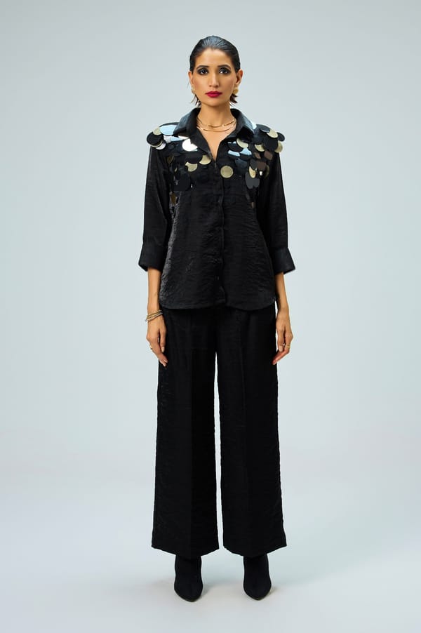 Black Embellished Shirt and Wide-Leg Pants Co-ord Set — KOR