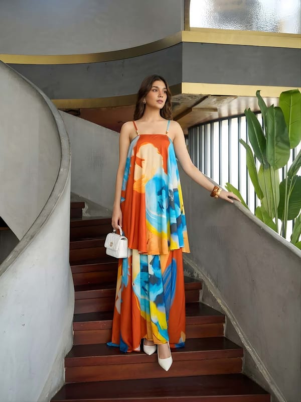 Azure Printed Flowy Maxi Dress — POPPI