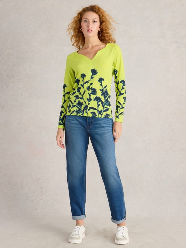 Lime Yellow Floral Print Notch V-Neck Long Sleeve T-Shirt — White Stuff