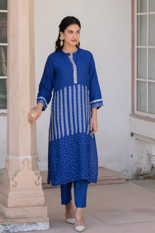 Royal Blue Bandhani Muslin Kurta Set-SET OF-2 — MAHEE JAIPUR