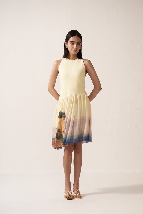 Lemon Yellow Sleeveless Knee-Length Dress with Hem Print — Muvazo