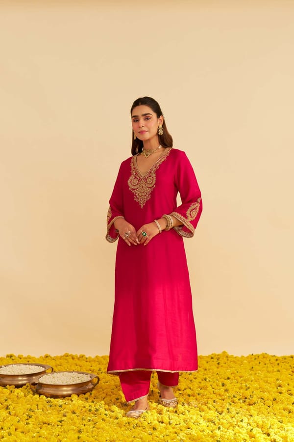 Hotpink Upada Silk Long Kaftan with Embroidered V-Neck — Sheetal Batra