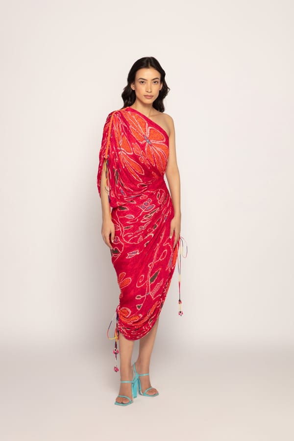 Pink Orange Bandhani Print One-Shoulder Sari-Style Midi Dress — Saaksha and Kinni