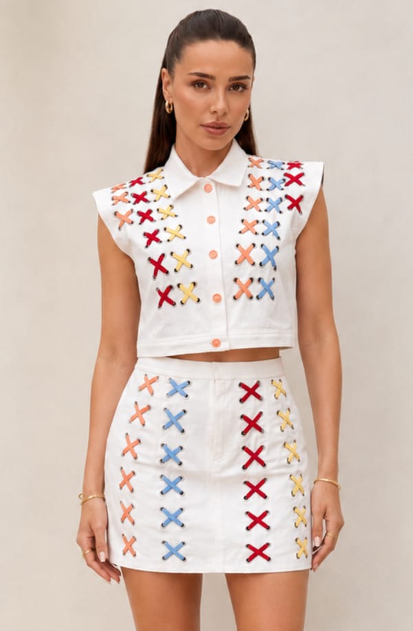 White Cross Stitch Skirt Set — OMBRELLO