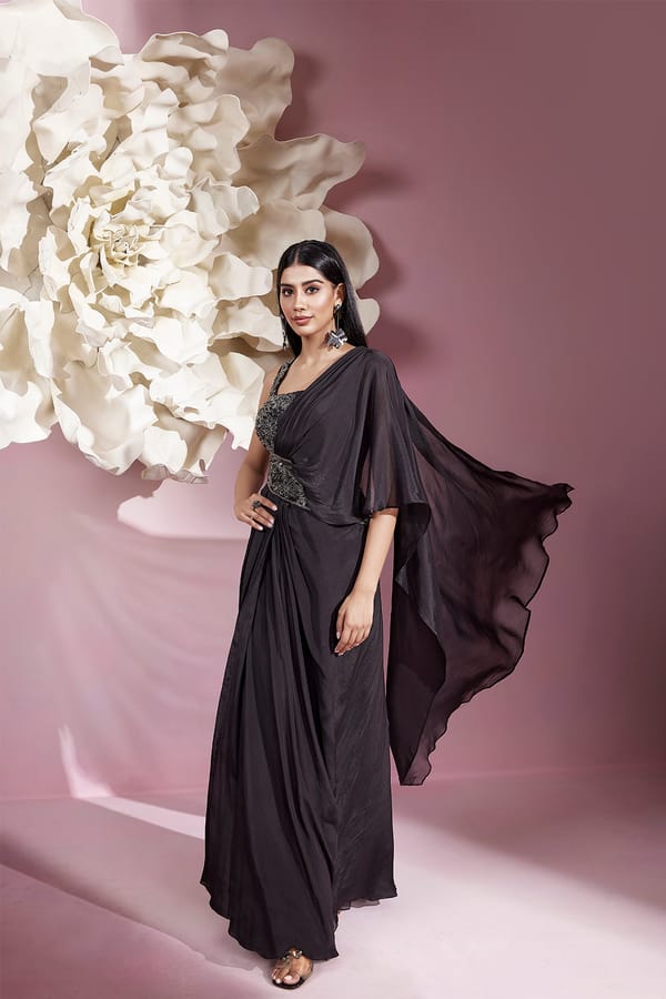 Black Chiffon One-Shoulder Cape Maxi Gown — QUNIC