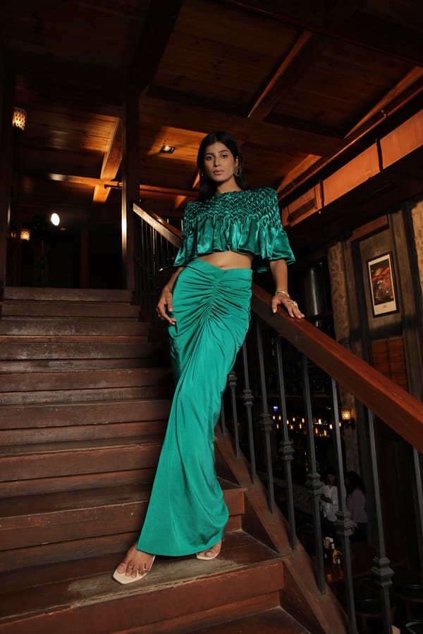 Dahlia Montone Cape With Ruched Skirt — Isha Sawhney