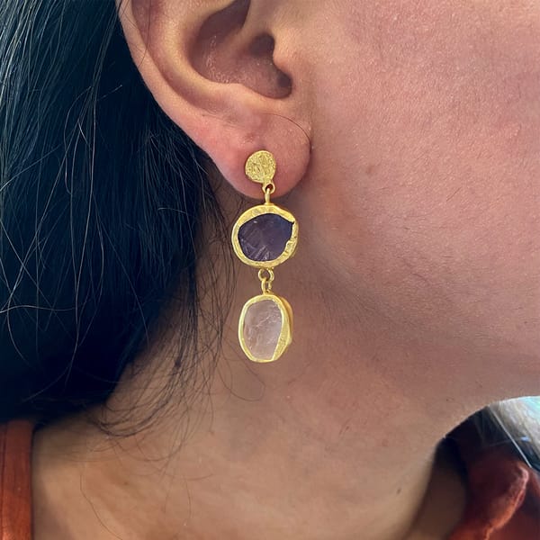 The Spirited Two Stone Gold Earrings with Amethyst and Rose Quartz — Zariin