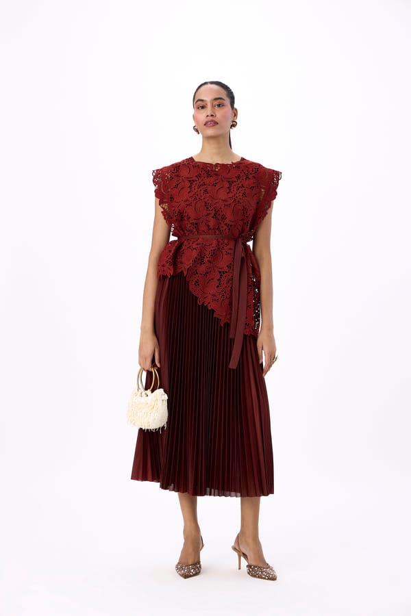 Garnet Brown Pleated Midi Dress with Crochet Gilet — Scarlet Sage
