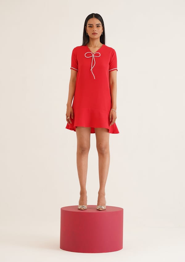 Red V-Neck Shift Mini Dress with Rhinestone Bow — AMOSHI