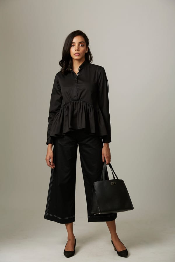 Black Cotton Satin Gathered Peplum Co-ord Set — Escape By Aishwarya