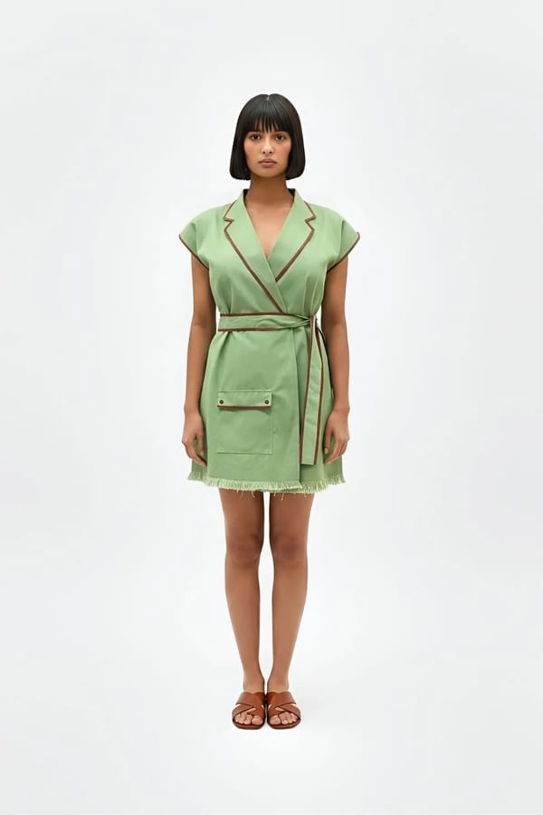Asparagus Green Wrap Blazer Mini Dress with Tie Belt — Neora