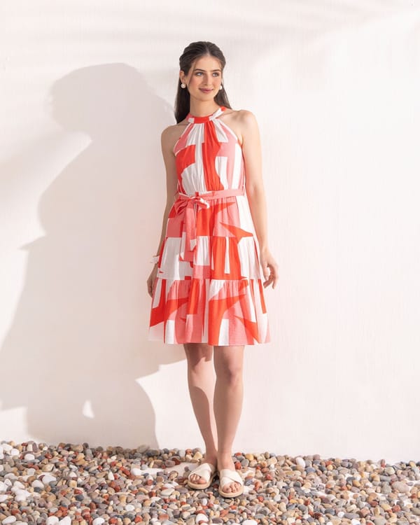 Red and Ivory Abstract Print Halter Neck Tiered Mini Dress — ZAZU