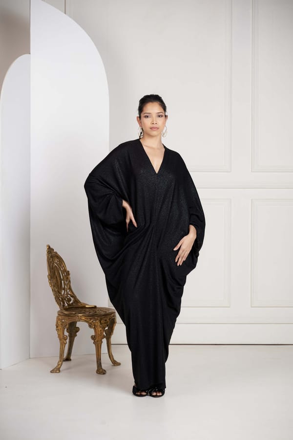 Black Shimmer Crepe V-Neck Kaftan — Sakshi G Chawla