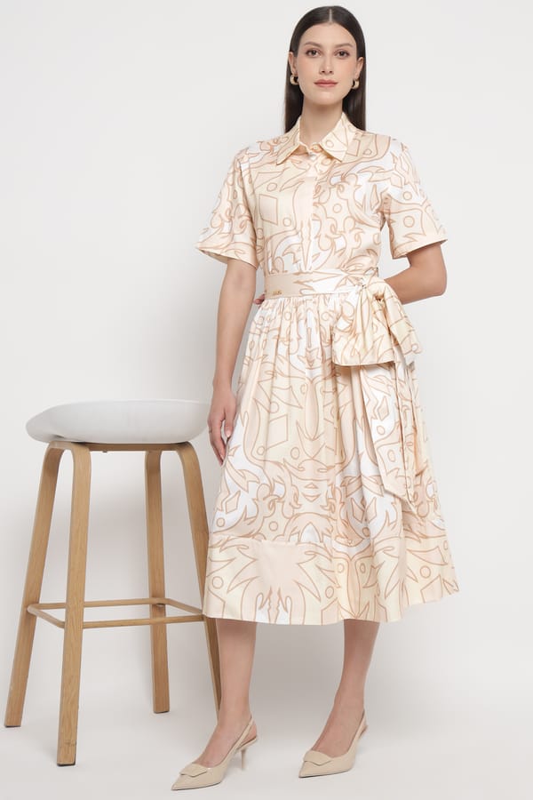 Beige Abstract Geometric Print High-Waist Midi Skirt — SILVIAN HEACH