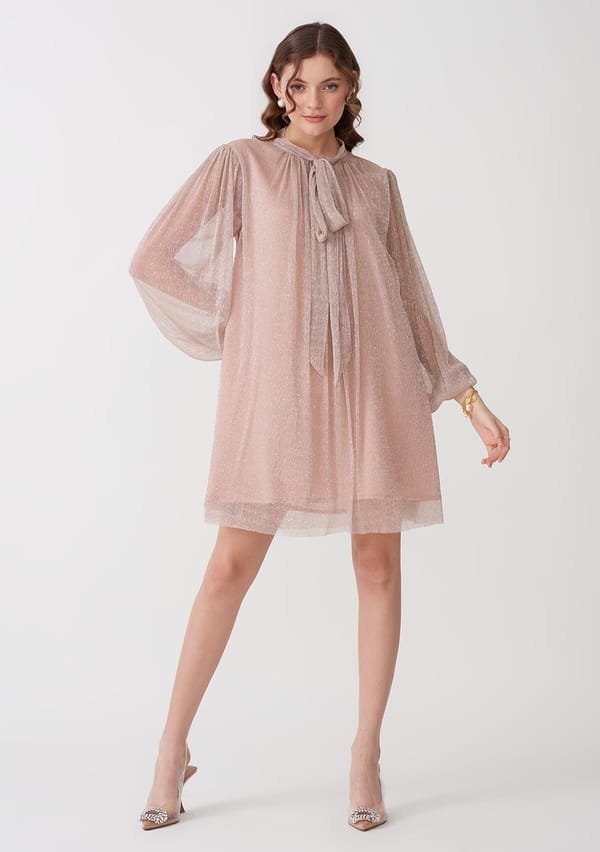 Peach Shimmer Tie-Neck Mini Dress with Balloon Sleeves — AMOSHI