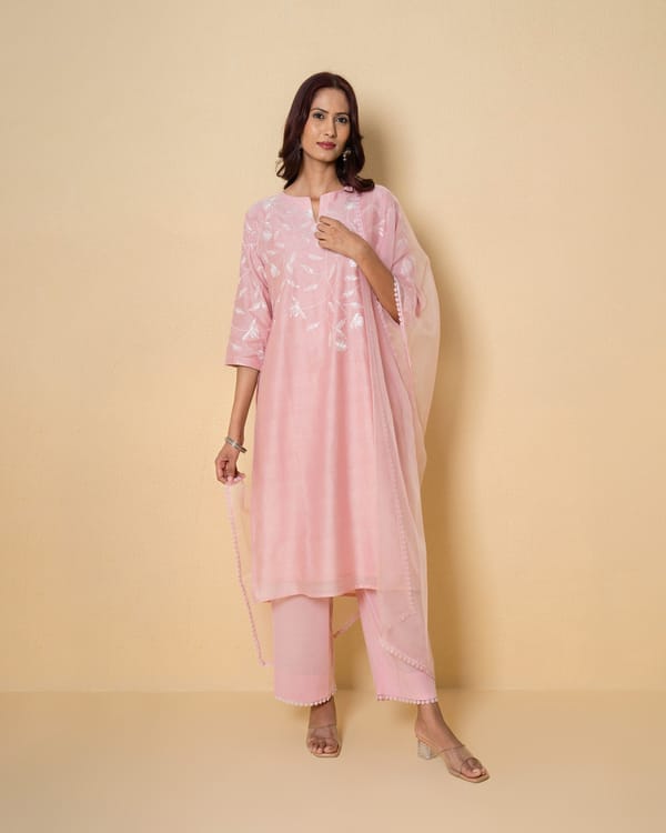 Misty Rose Embroidered Chanderi Suit Set — Kameez