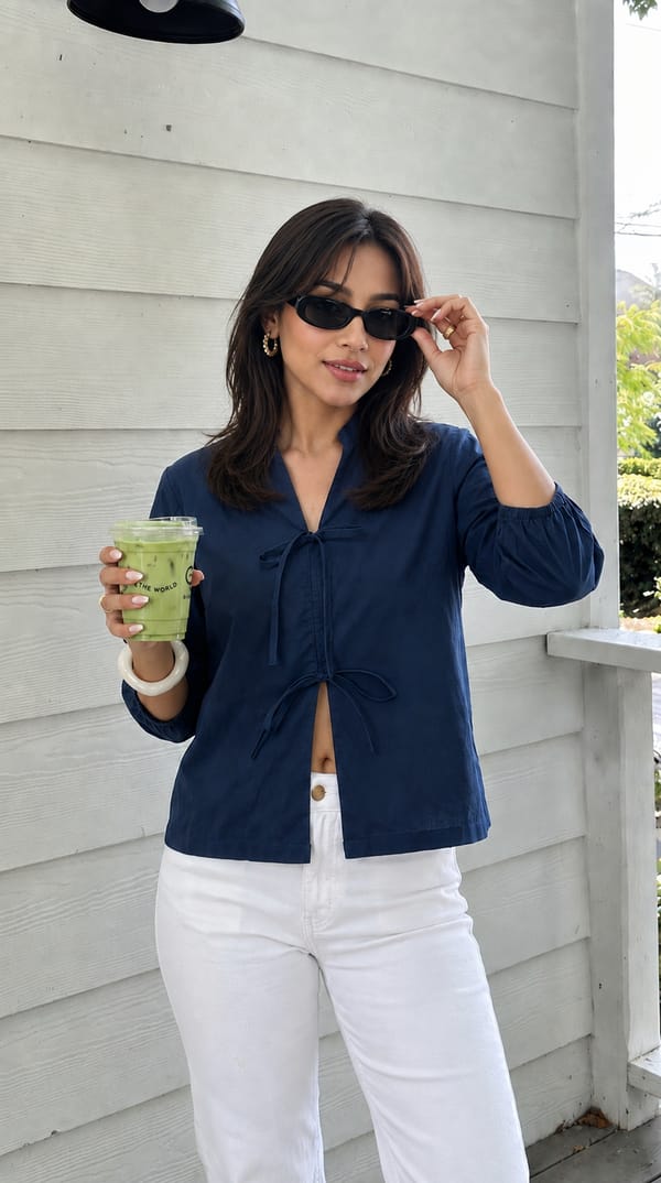 PaperLite Poplin Navy Tie-Up Top — Femmella