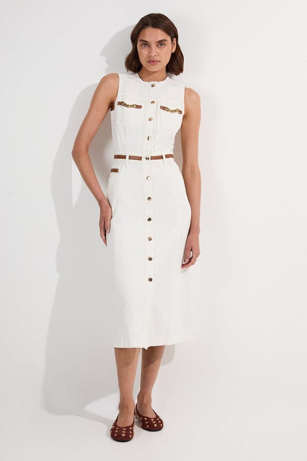 Ivory Denim Button-Through Belted Midi Dress — KAREN MILLEN