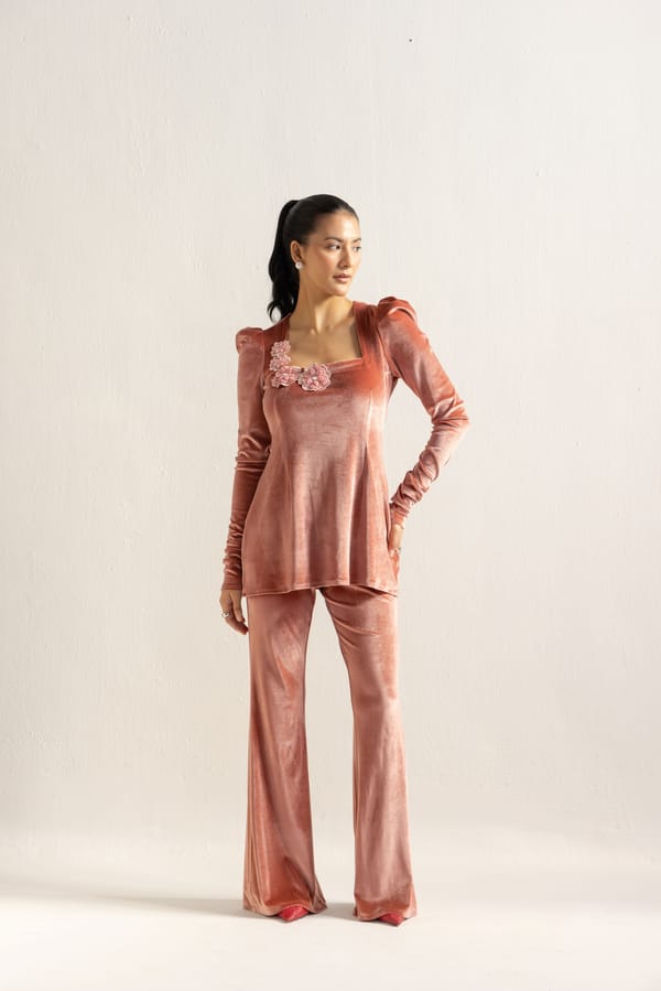 Peach Velvet Square-Neck Co-ord Set with Flared Pants — Designs by Queen Bee