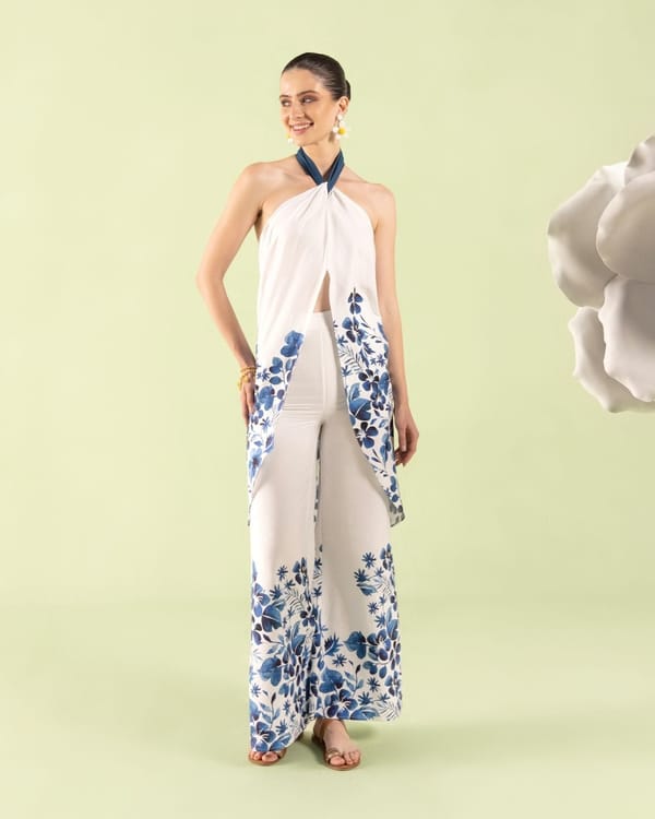 Blue/White Halter Top and Wide-Leg Pants Co-ord Set — ZAZU