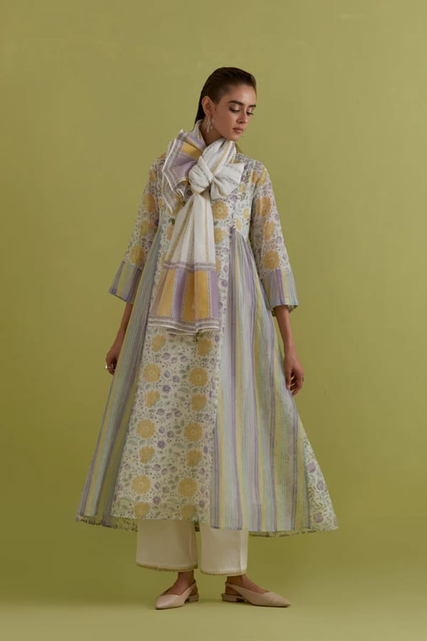 Off White Cotton Chanderi Floral Kurta Pant — Upavita