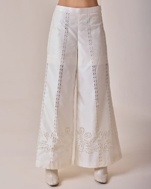 Ivory Taffeta Cutwork Wide-Leg Trousers — Needle Ten