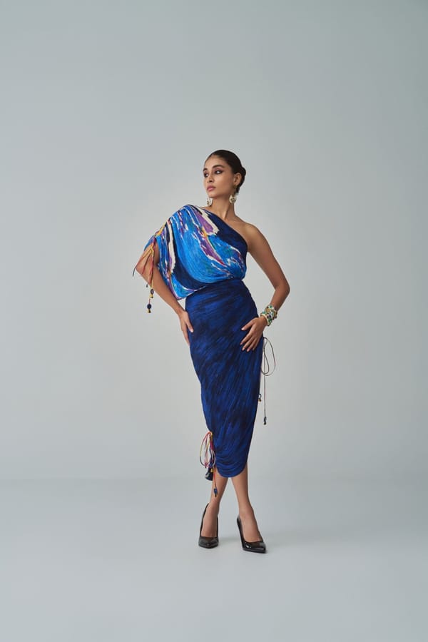 Blue One-Shoulder Micro-Pleated Midi Dress — Saaksha and Kinni