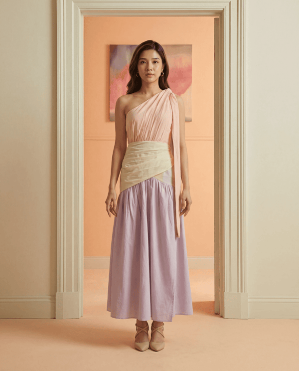 Tricolour One-Shoulder Cotton Linen Maxi Dress — Sage by Mala