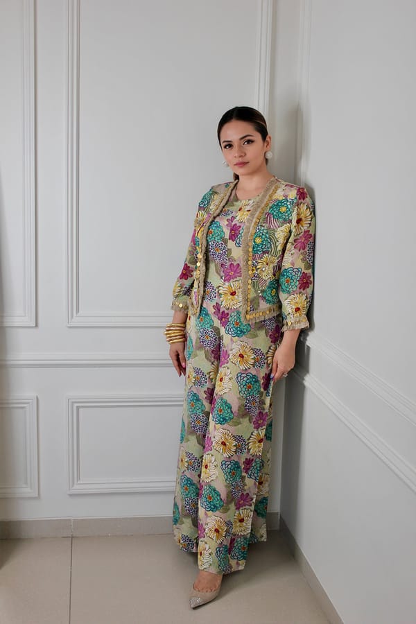 Beige Floral Printed Jumpsuit Set with Cropped Jacket — BUMBLEBEE
