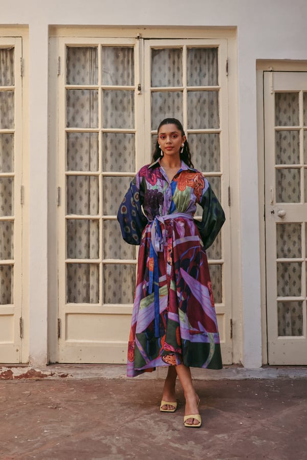 Multicolor Linen Printed Maxi Shirt Dress with Waist Tie — Zip by Payal Zinal