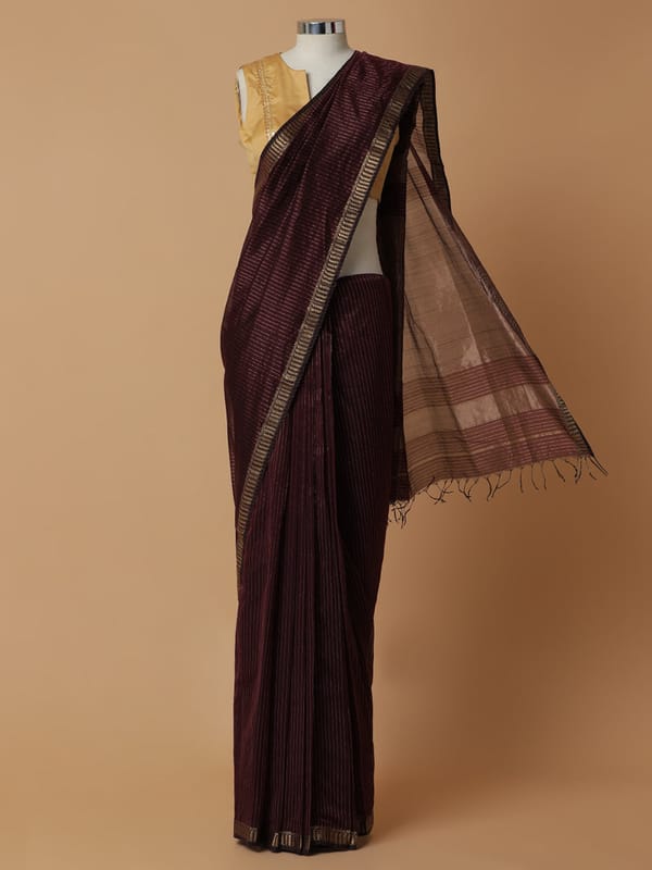 Maheshwari Cotton Silk Dark Wine Golden Zari — BINKS