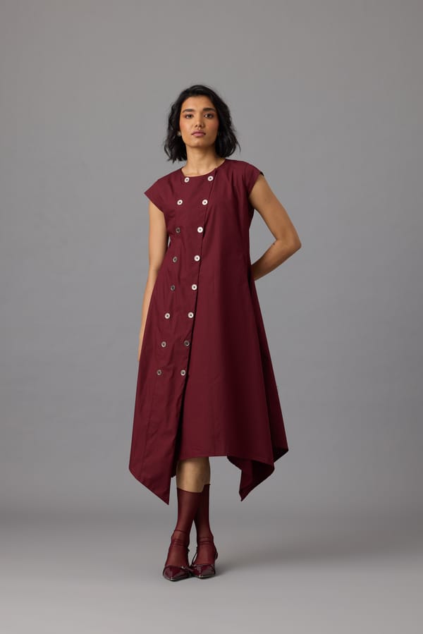 Burgundy A-Line Midi Dress with Diagonal Button Detail — 63East