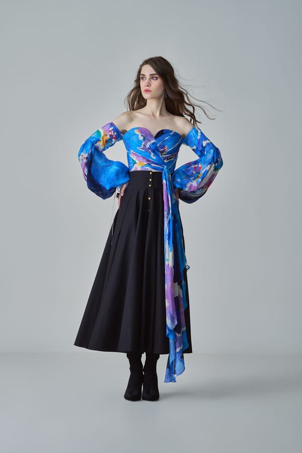 Blue Printed Off-Shoulder Sweetheart Blouse with Drape — Saaksha and Kinni