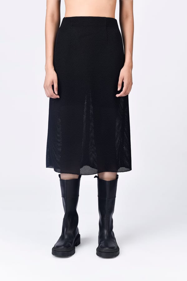 Black Straight-Fit Poly Mesh Midi Skirt — Genes Lecoanet Hemant