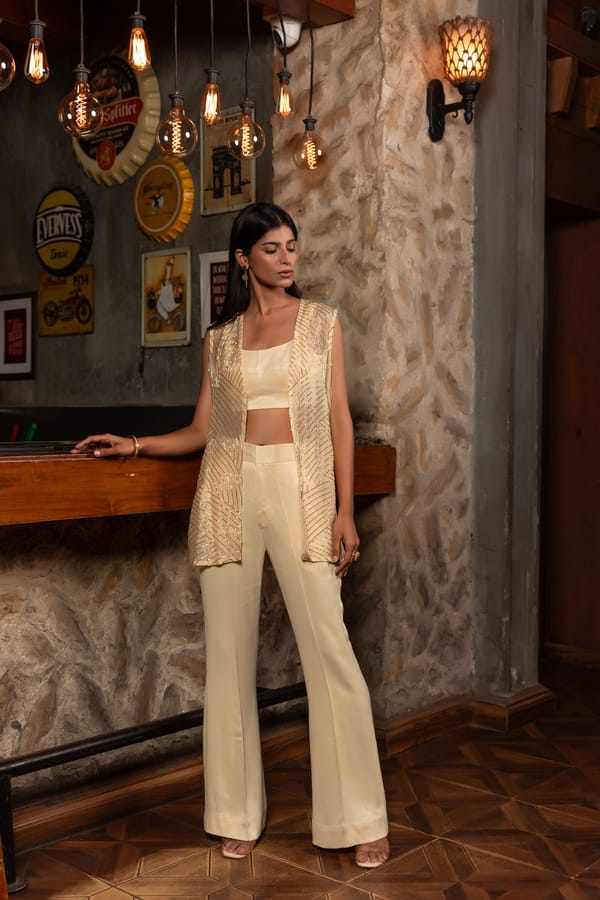 Ivory Embellished Organza Cape Co-ord Set with Satin Pants — Isha Sawhney