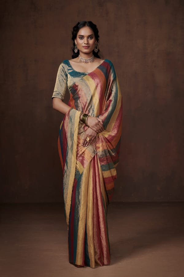 Multi-coloured Striped Chanderi Tissue Saree with Zari Sheen — Dressfolk