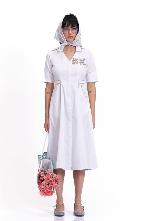 White Cotton Satin Fit and Flare Midi Shirt Dress — Our Love