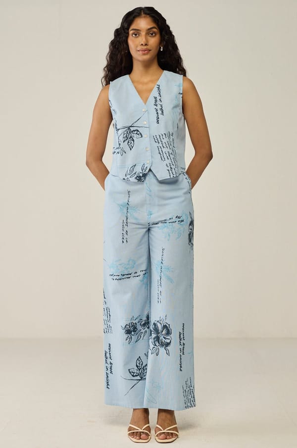 Blue Floral Print Vest And Trouser Co-ord Set — Move About Effortlessly
