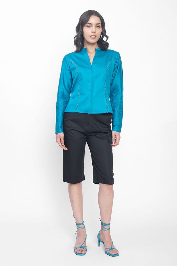 Turquoise Blue Cotton Satin Mandarin Collar Button-Front Top — Contemponari