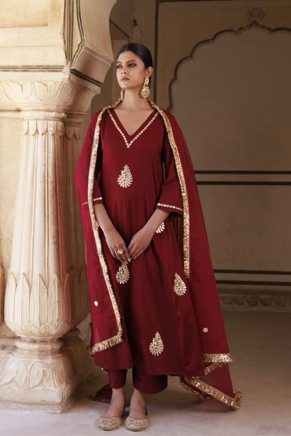 Maroon Cotton Silk Gota Patti Work Anarkali Set — Bannhi by Priyanka Rathore
