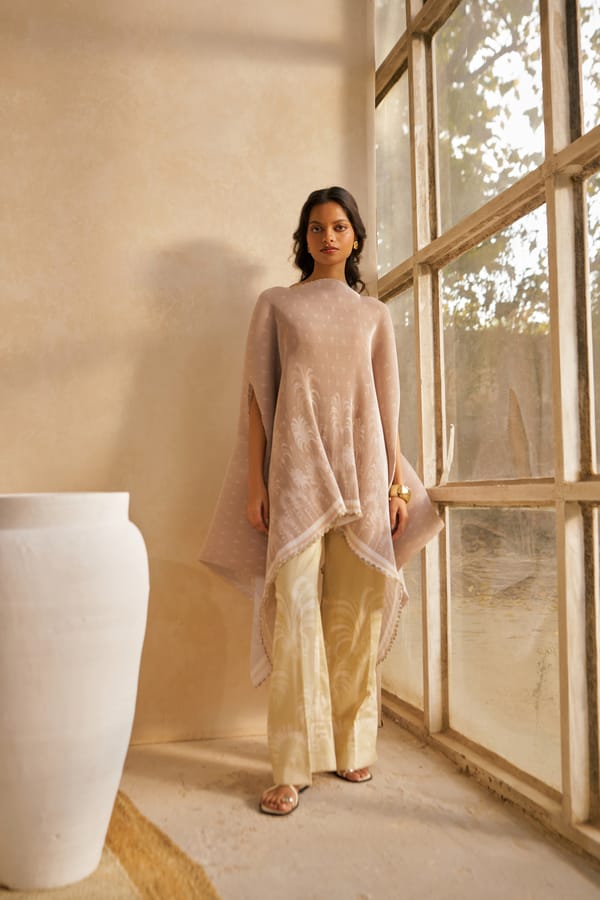 Beige Pleated Printed Kimono Cape — Moh India