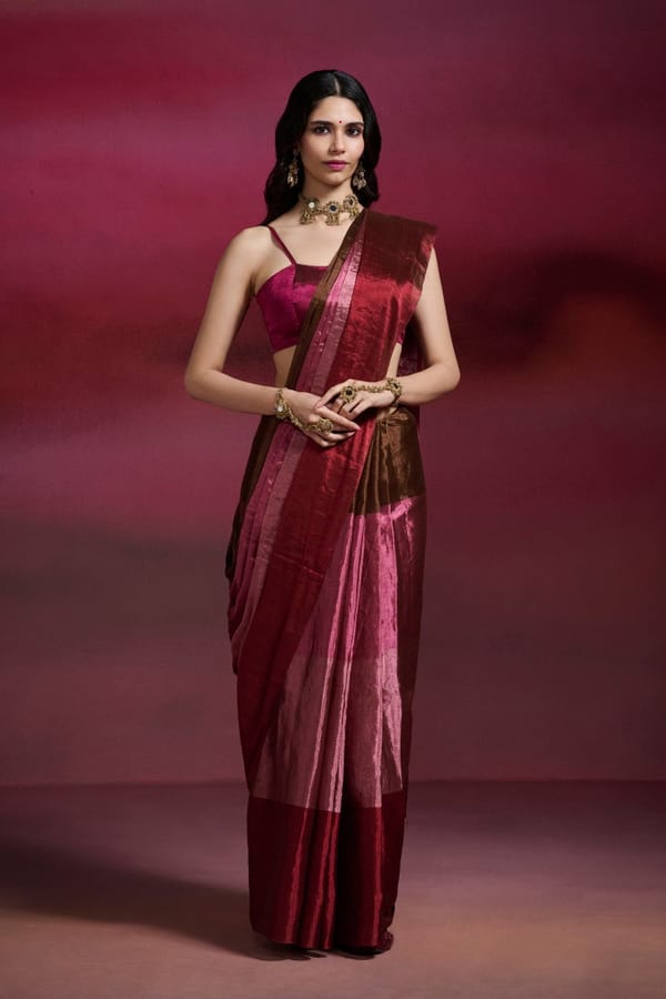Multicolour Metallic Tissue Colorblock Saree — Dressfolk