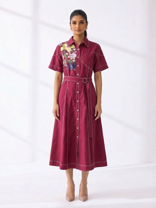 Red Belted Midi Shirt Dress with Embroidered Detail — RUCHIKA MALLIKA LABEL