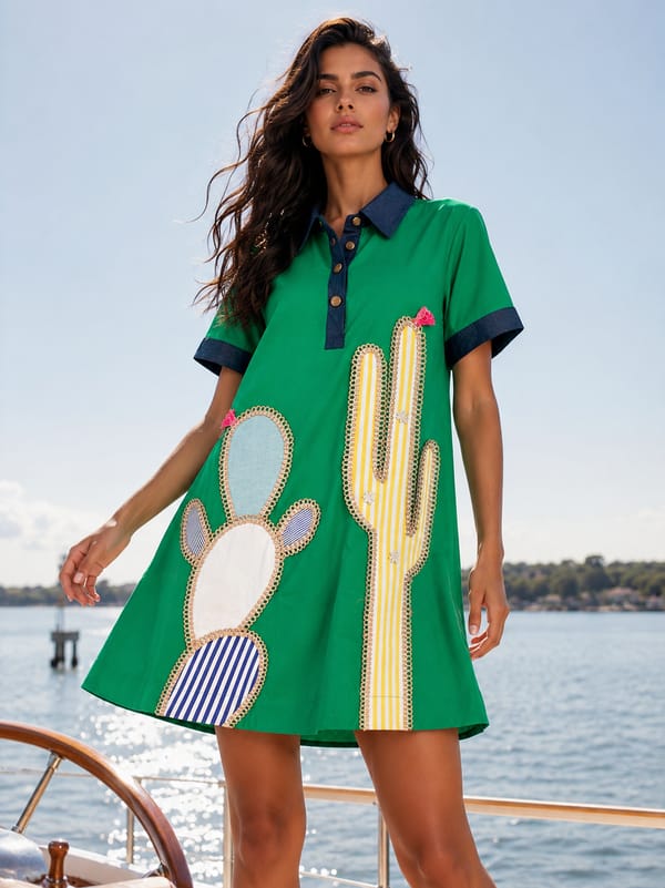 Green Collared A-Line Mini Dress with Cactus Appliqué — The Pink Lion