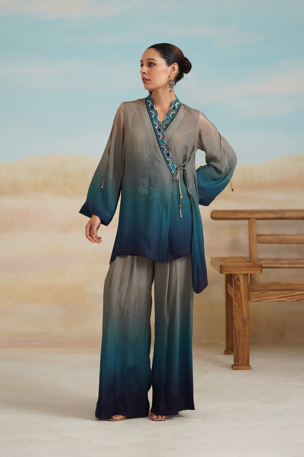 Multicolor Ombre Wrap Top and Wide-Leg Pants Co-ord Set — NEETIKA CHOPRA