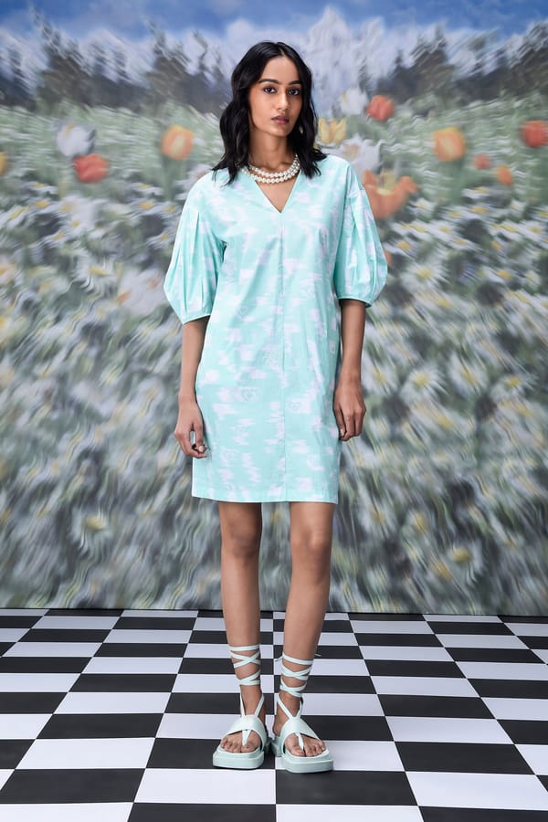 Lime Green Ikkat Check Knee-Length Poplin Shift Dress — Genes Lecoanet Hemant