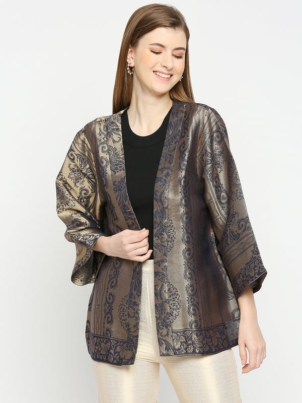 Navy Blue Metallic Brocade Kimono Jacket — Cloth Haus