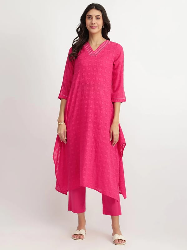 Pink Cotton Jacquard A-Line Asymmetric Hem Kurta — Pink Fort