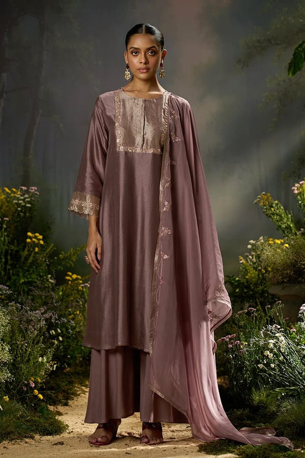 Antler A-Line Raw Silk Kurta Set with Embroidered Dupatta — Ganga Fashions Pvt Ltd